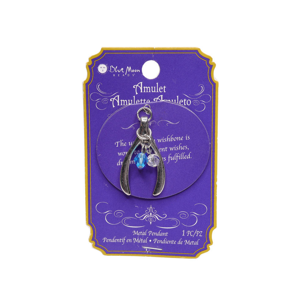 Blue Moon Beads Silver Tone Unbroken Wishbone Metal Pendant On Card 1.5 Inches